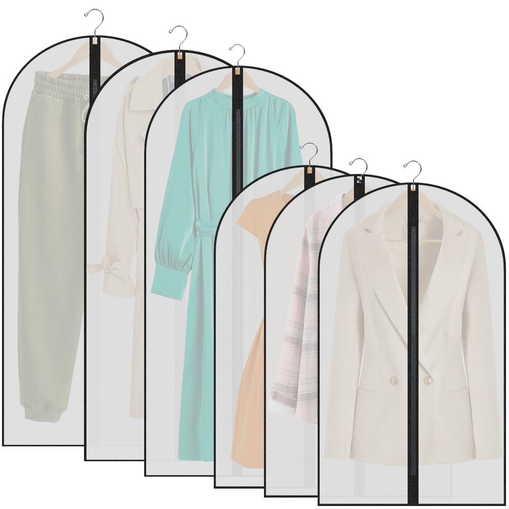 Garment Bags,6PCS Dustproof Garment Covers PEVA Translucent Clothes Covers with Zip Moth Proof Suit Protector Bags Waterproof Dress Covers for Shirts