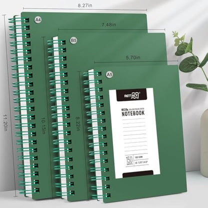RETTACY A5 Notebook, Notepad, Wirebound Spiral Notebooks 300Pages /150 Sheets for Writing,100gsm College-Ruled Paper, Retro PVC Cover, for Women Men Work Office School,14.5 x 21cm - Dark green