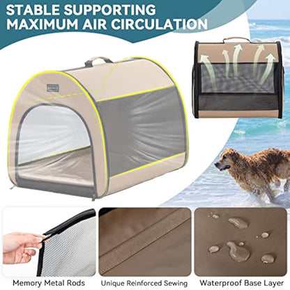 PETSFIT Portable Dog Crate, Travel Dog Crate - 19 Inch Lightweight, Roomy, Easy to Set Up, Portable Pop Up Dog Carrier with Thick Mat, Sturdy Collapsible Dog Kennel, Khaki