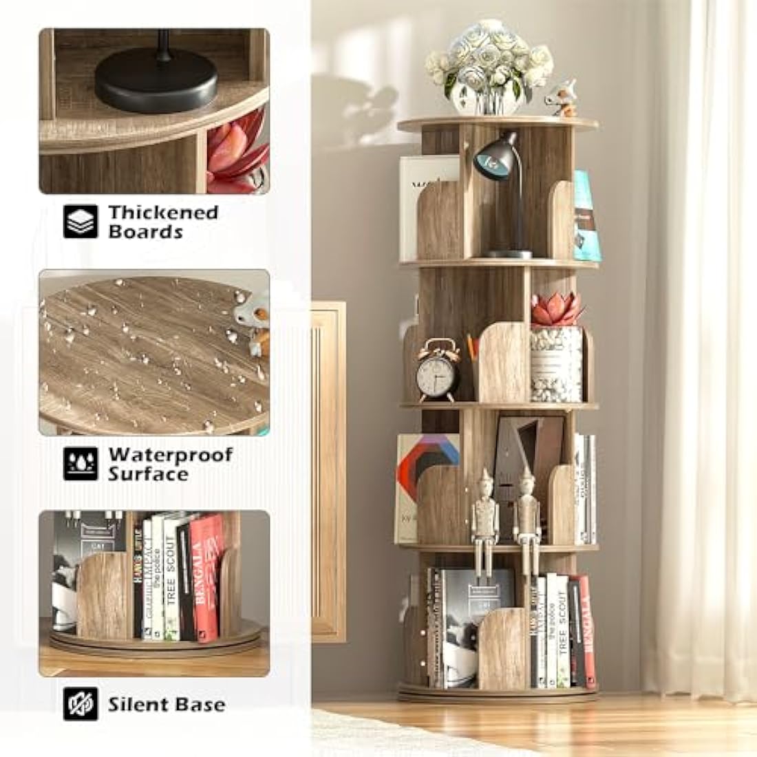 Nisorpa 4 Tier Rotating Bookshelf Floor Standing, 360° Rotating Bookcase for Kids Room, Wooden Spinning Bookshelf, Children Book Shelf Kids Book Storage for Study Room Bedroom Living Room, Black Oak