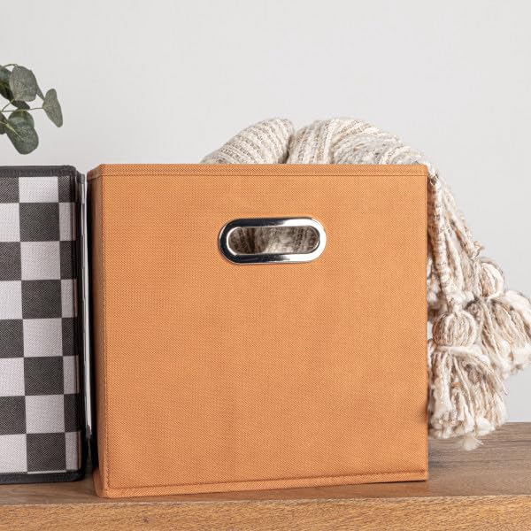 Household Essentials Fabric Storage Cube Bins, 6 Piece Set, Strong Poly-Woven Fabric, Chipboard Sides, Grommet Front Handle, Stackable and Foldable