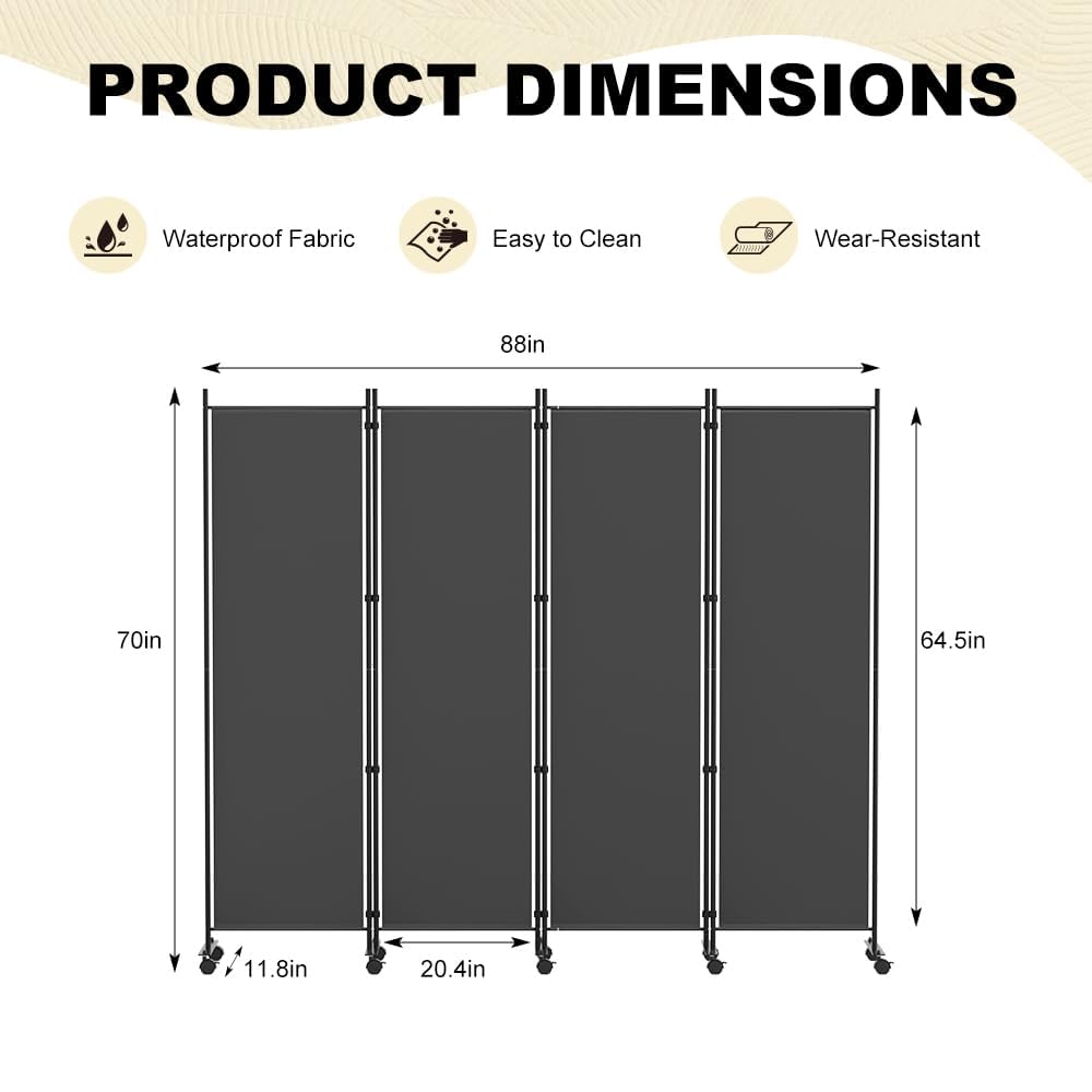HIDODO 4 Panel Room Divider Folding Privacy Screen, Freestanding Room Partition with Lockable Wheels, Portable Wall Divider for Room Separation