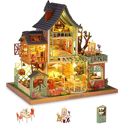 Cuteefun DIY Miniature Dolls House Kit for Adults to Build DIY Mini House Kit with Furniture Music, Make Your Own Craft House Model Father's Day(Happy Jungle Resort)