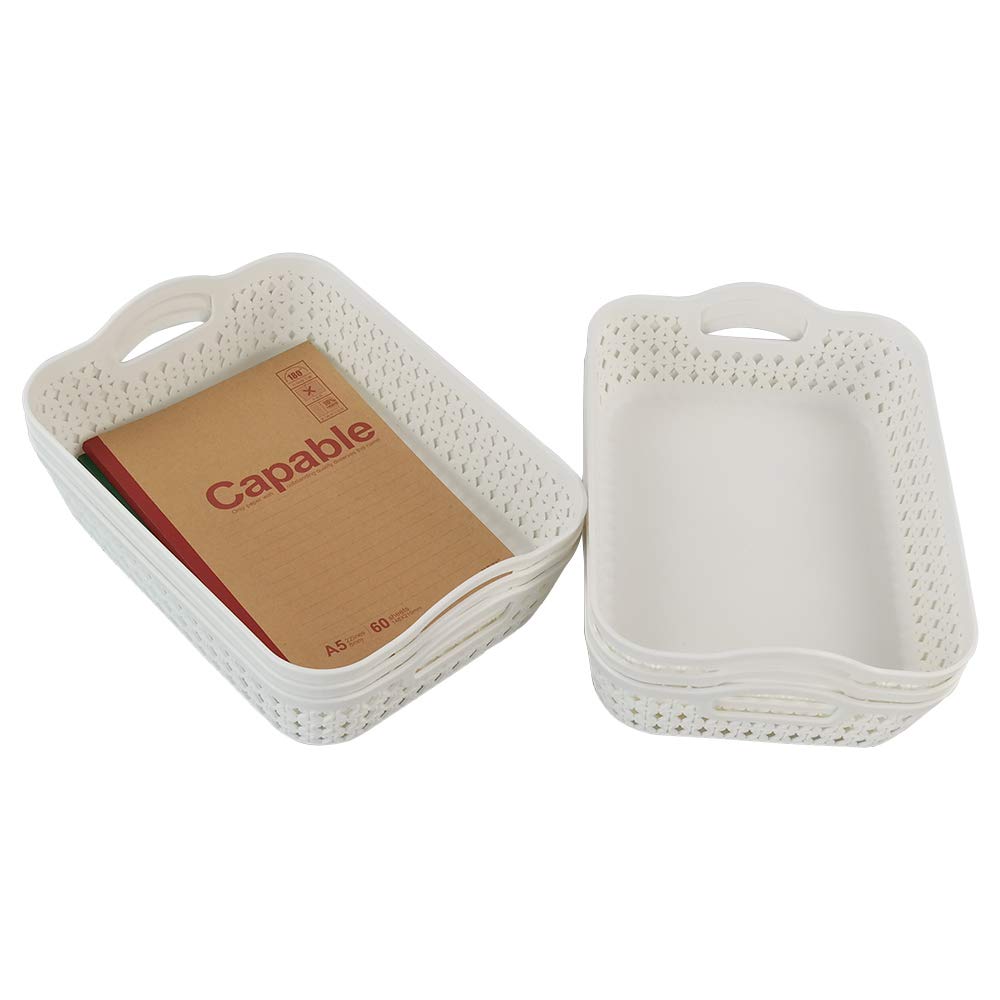 Callyne Set of 6 White Small Plastic Storage Basket Tray with Handle, Plastic Storage Baskets for Shelves
