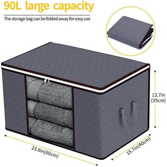 90L Storage Bags, 6Pack Large Capacity Clothes Storage Boxes with Lid and Zips, Foldable Clothes Packing Boxes with Reinforced Handle Breathable Thick Fabric for Comforters, Blankets, Bedding