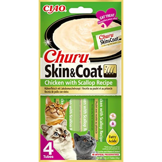 Churu Skin & Coat by INABA Cat Treat - Chicken with Scallop - 12 Packs (48 x 14g total) / Soft & Creamy Treat, Delicious & Healthy Snack, Purée Food Topper, Natural, Grain Free