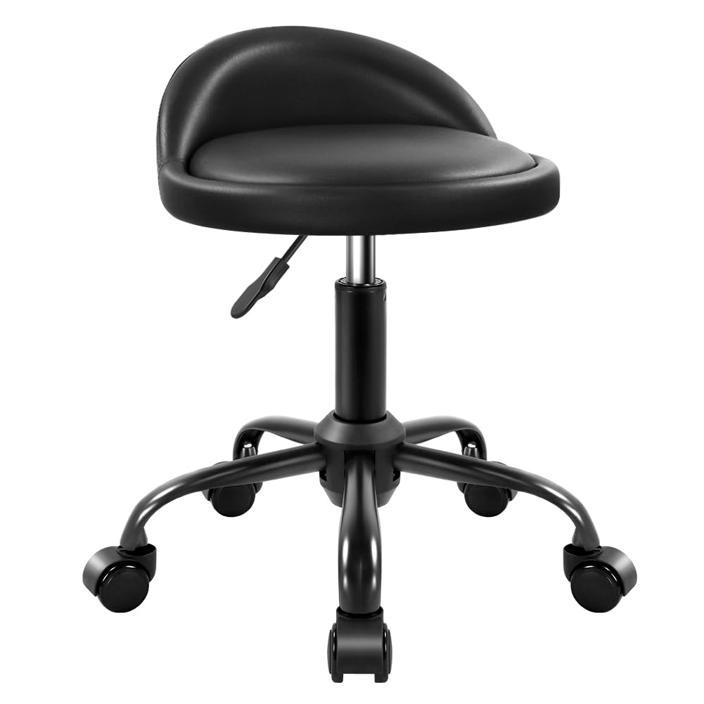 KKTONER Rolling Stool with BackRest Height Adjustable Round Chair with Wheels Swivel Drafting Work PU Leather stools Small (Black)