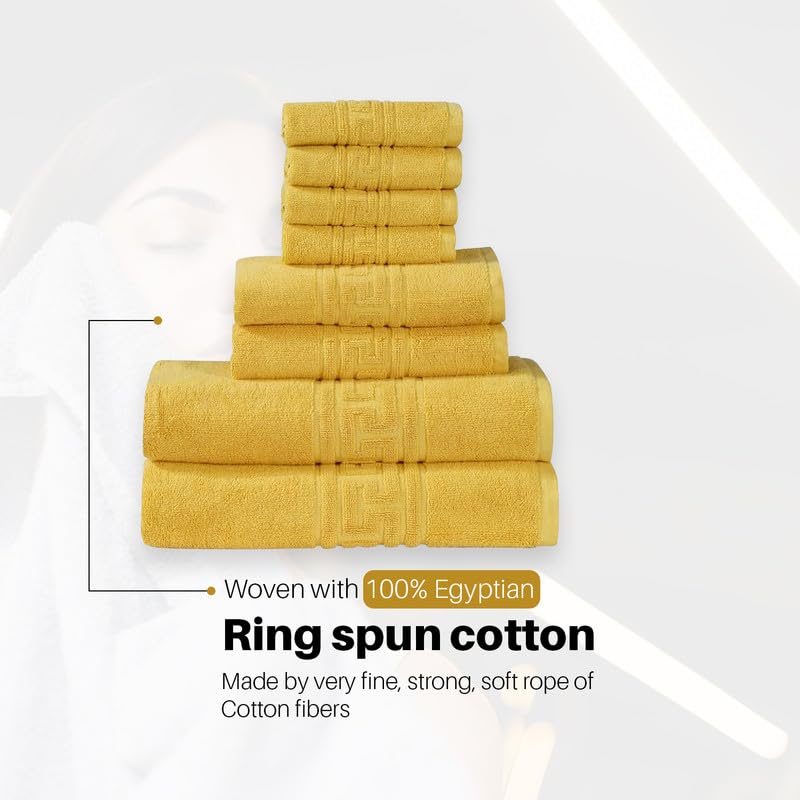 DTEX HOMES 8 Piece Towel Set 100% Cotton 600 GSM, 2 Bath Towels, 2 Hand Towels, 4 Washcloths - Mustard
