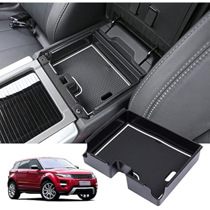 Black Armrest Storage Box Plastic Car Phone Organizer Holder Tray With Non-Slip Mat Compatible With Range Rover Evoque 2012-2018 Car Accessory