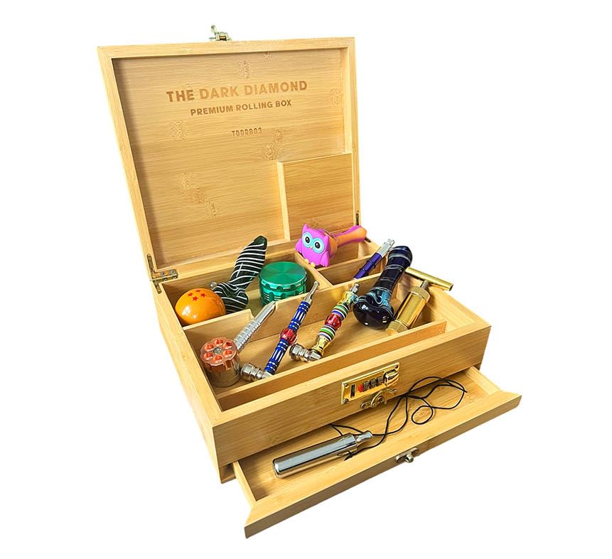 The Dark Diamond Roll Box Premium Smoking Accessories Storage Handcrafted Bamboo Wooden Stash Rolling Box Upgraded (Large - 30X25X10CM)