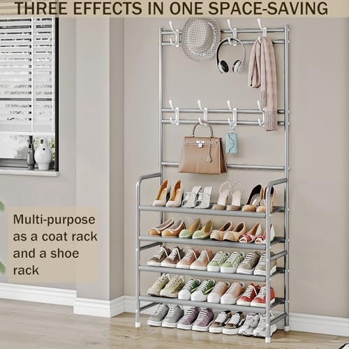 Dazioter Coat Rack Shoe Rack With Storage Shelf Freestanding with 8 Hooks for Entryway Bedroom (Grey, 4Tier)