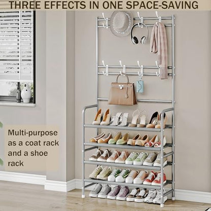 Dazioter Coat Rack Shoe Rack With Storage Shelf Freestanding with 8 Hooks for Entryway Bedroom Grey, 4Tier