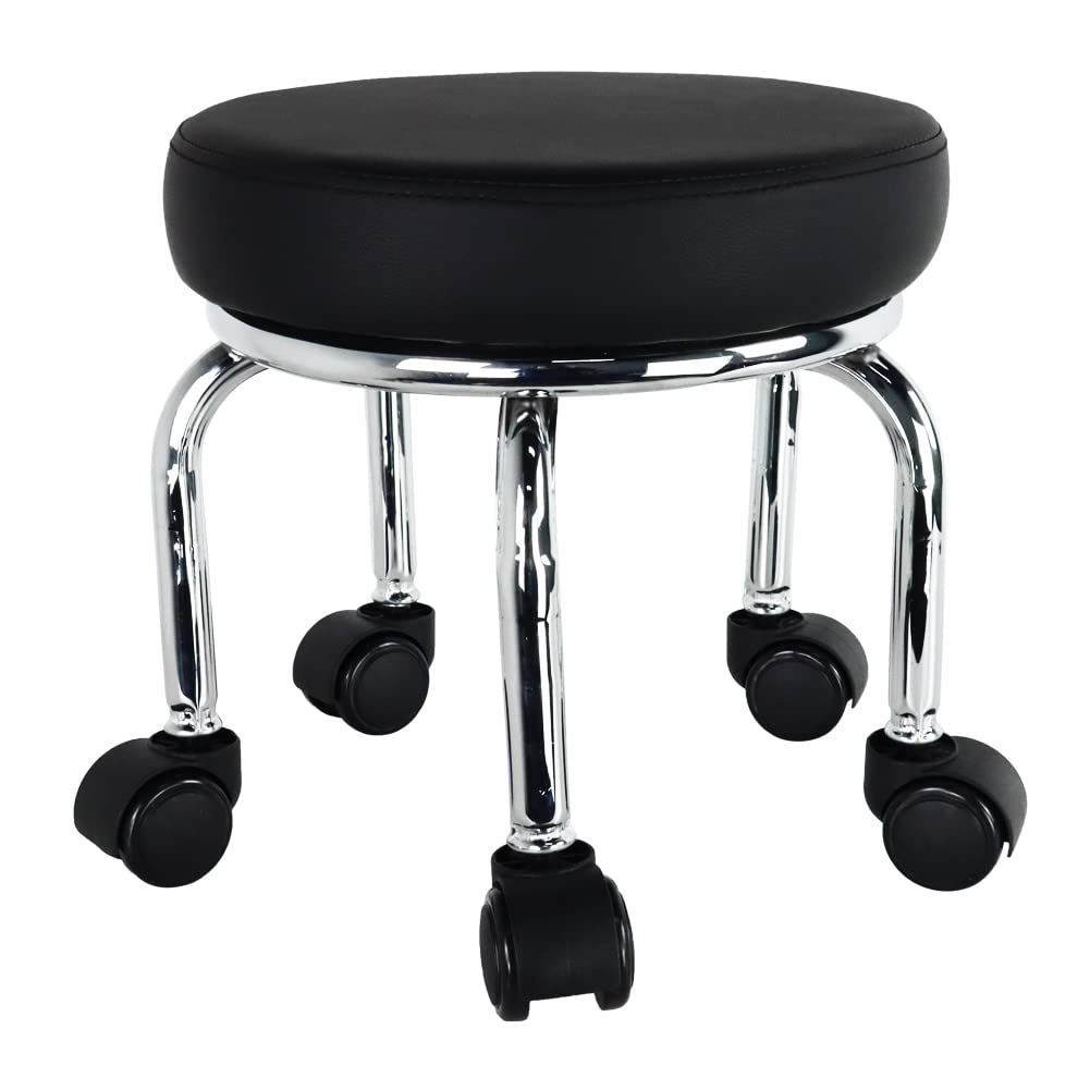 WKWKER Small Rolling Stool PU Leather Roller Seat 360° Swivel Low Round Chair with Universal Caster Wheels for Home Massage Garden Office Garage Shop