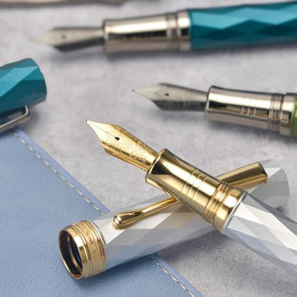 HONG DIAN N11 Fountain Pen, Titanium-Coated Black Fine Soft Nib, Peacock Blue & Lozenge Geometric Design with Metal Case Set