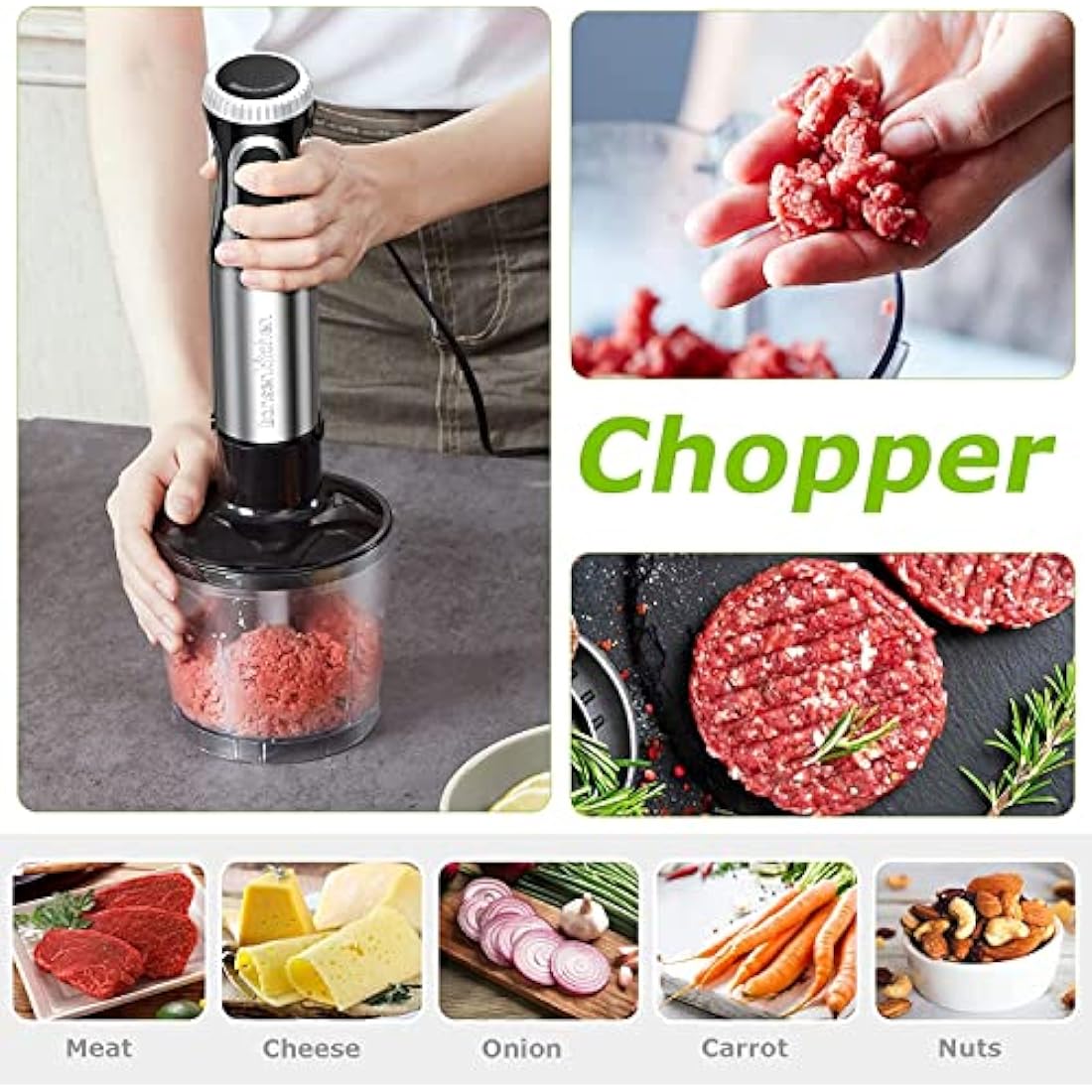 Bonsenkitchen Stainless Steel Hand Blender, 4-in-1 Stick Blender 1000W, 20 Speed Adjustable, with Whisk, 500ml Chopper and 700ml Measuring Cup, Food Processor (HB3203)