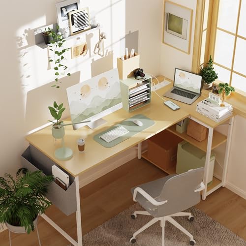 BEXEVUE Small L Shaped Desk with Power Outlets - 120x70cm Corner Computer Desk Writing Table, Reversible Large Storage Shelves, Bookshelf Workstation