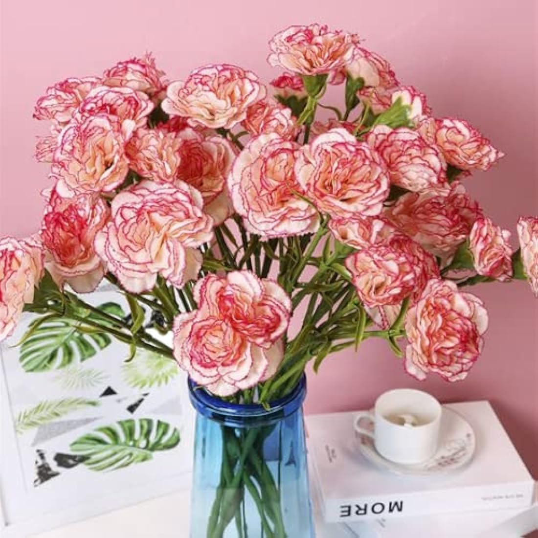 Corkwaw 40 Heads Artificial Carnations,Silk Hydrangea Bouquet Decoration Plastic Plant Suitable for Photo Props Family Party Home Decoration Bridal Wedding Bouquet Decoration (red Edge)