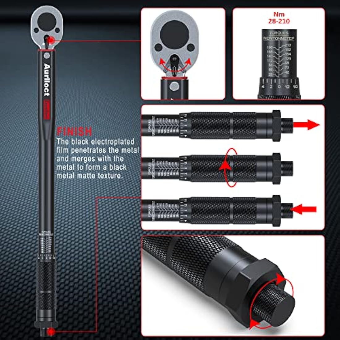 Aurlloct 1/2 Inch Drive Click Torque Wrench 20-230 Nm Black