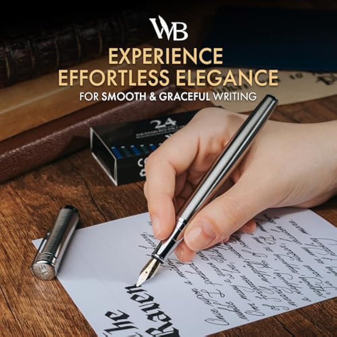 Wordsworth & Black Fountain Pen Set, Broad Nib, Includes 24 Pack Ink Cartridges, Ink Refill Converter & Gift Box, Chrome Finish, Calligraphy, [Silver Chrome], Perfect for Men & Women