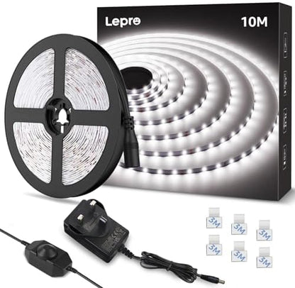Lepro White LED Strip Light 10M, 2000lm Dimmable LED Lights, 24V UK Plug LED Strip with Dimmer Switch, 6000K Cool White Strip Lights for Kitchen, Cabinet, Wardrobe, Conservatory, Garage 1 Roll