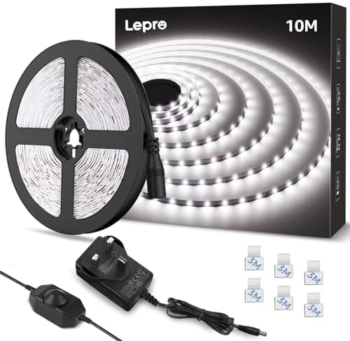 Lepro White LED Strip Light 10M, 2000lm Dimmable LED Lights, 24V UK Plug LED Strip with Dimmer Switch, 6000K Cool White Strip Lights for Kitchen, Cabinet, Wardrobe, Conservatory, Garage (1 Roll)