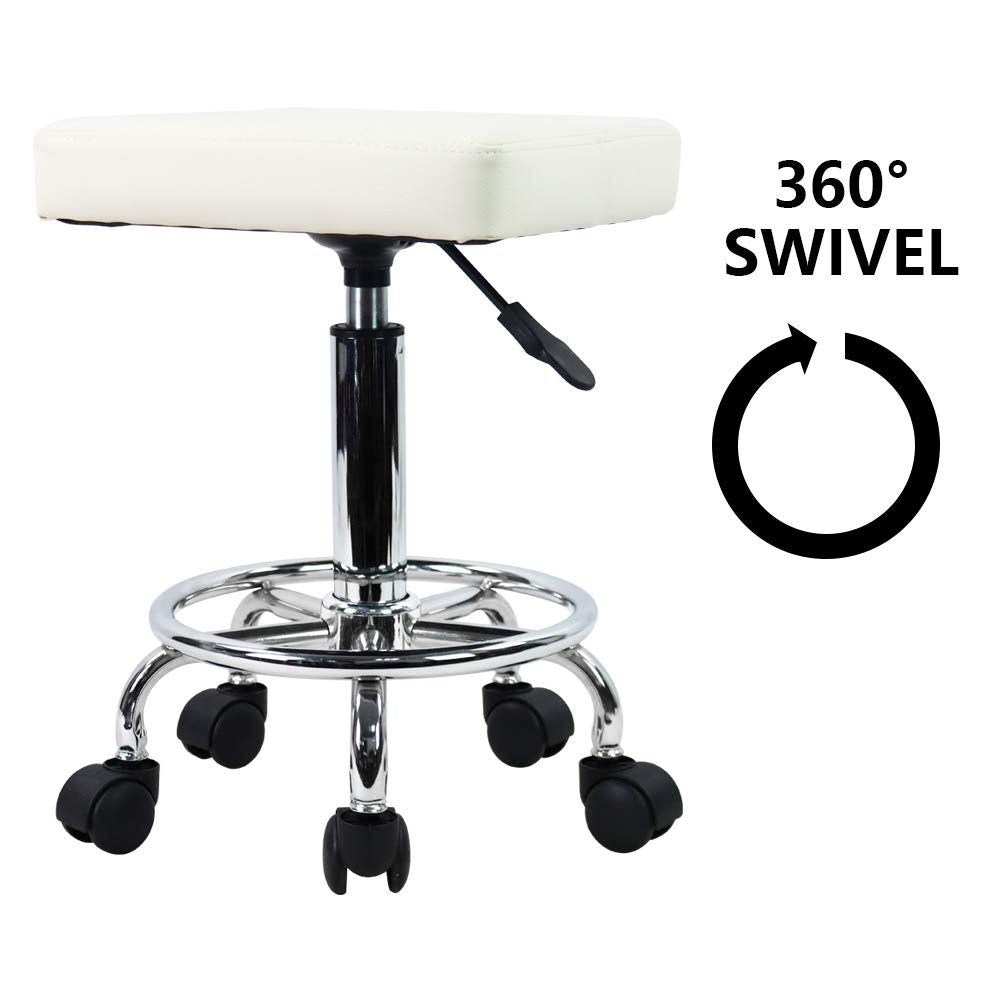 KKTONER Square Rolling Stool PU Leather Height Adjustable Swivel Massage SPA Salon Stools Task Chair with Wheels (White)