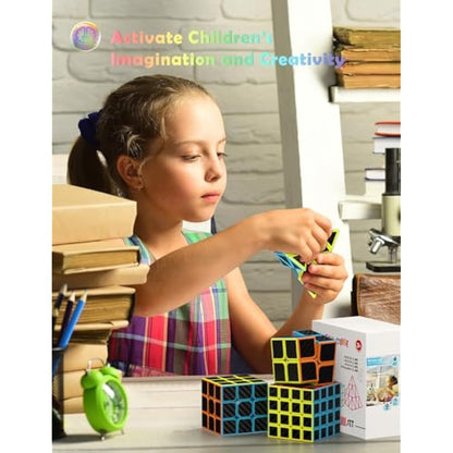 ROXENDA Speed Cube Set, 2X2 3X3 4X4 Pyramid Cube Stickerless with Instruction [4 Pack] (Carbon Fiber Cube Set)