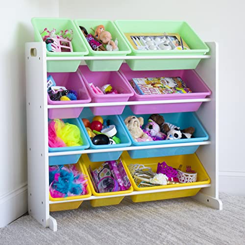 Humble Crew Pastel Wooden Toy Storage Organiser for Children, with 12 BPA Free Plastic Removeable Storage Bins, Ideal for Storing Toys, Games, Books