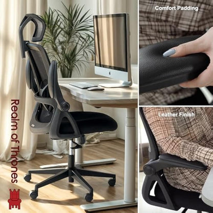 Realm of Thrones CAPTAIN Ergonomic Office Chair for Home, Heavy Duty Steel Base, Versatile Flip-up Armrests, Adjustable Lumbar Support, Mesh Back Comfort Cushion Seat for Computer Desk/Gaming (Black)