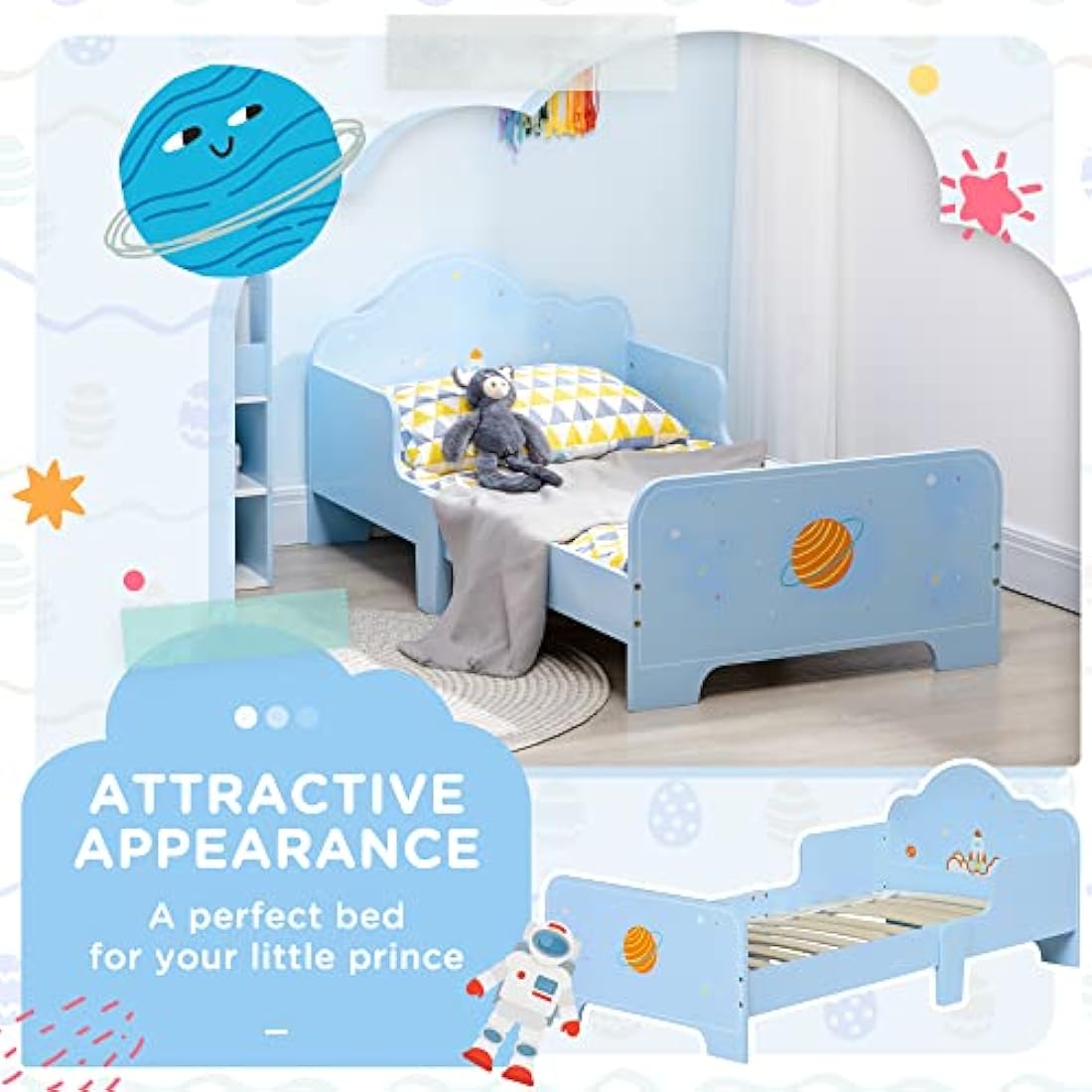 ZONEKIZ Kids Toddler Bed, Safety Rails, Kids Bedroom Furniture for Boys, Girls, Ages 3-6 Years, 143 x 74 x 59cm - Blue