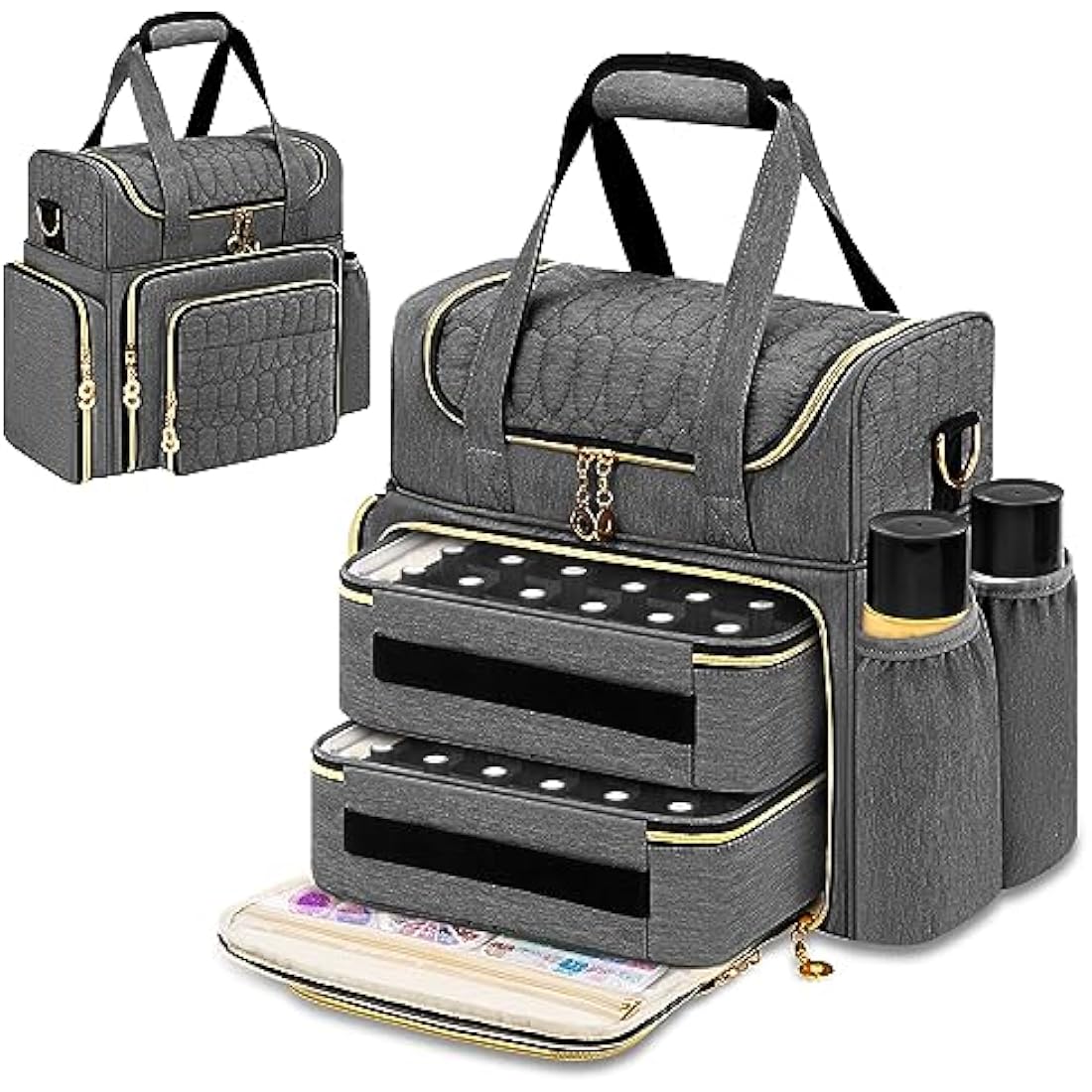 Betoores Nail Polish Organiser, Double Layer Nail Polish Case with 2 Removable Bags Hold 70 Bottles (15ml - 0.5 fl.oz) Nail Varnish Storage Bag for Nail Dryer Manicure Tool, Nail Supplies - Grey