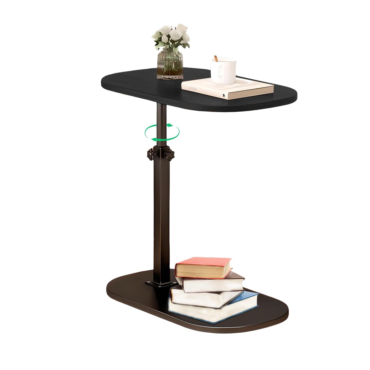 YYW C Shaped End Table, Adjustable Height with Wheels, Glossy Black (Glossy Black)