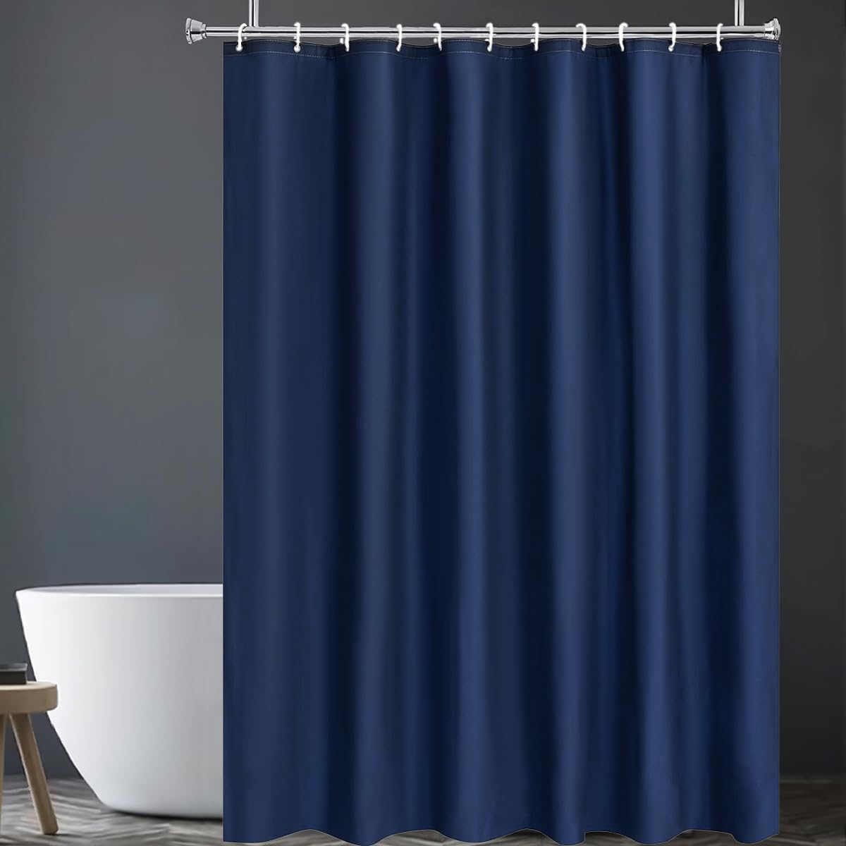 HOMTRYLIC Navy Blue Shower Curtain W180 x L220cm Plain Fabric Shower Curtain for Bathroom Water Repellent Extra Long Bath Shower Curtain Set with 12
