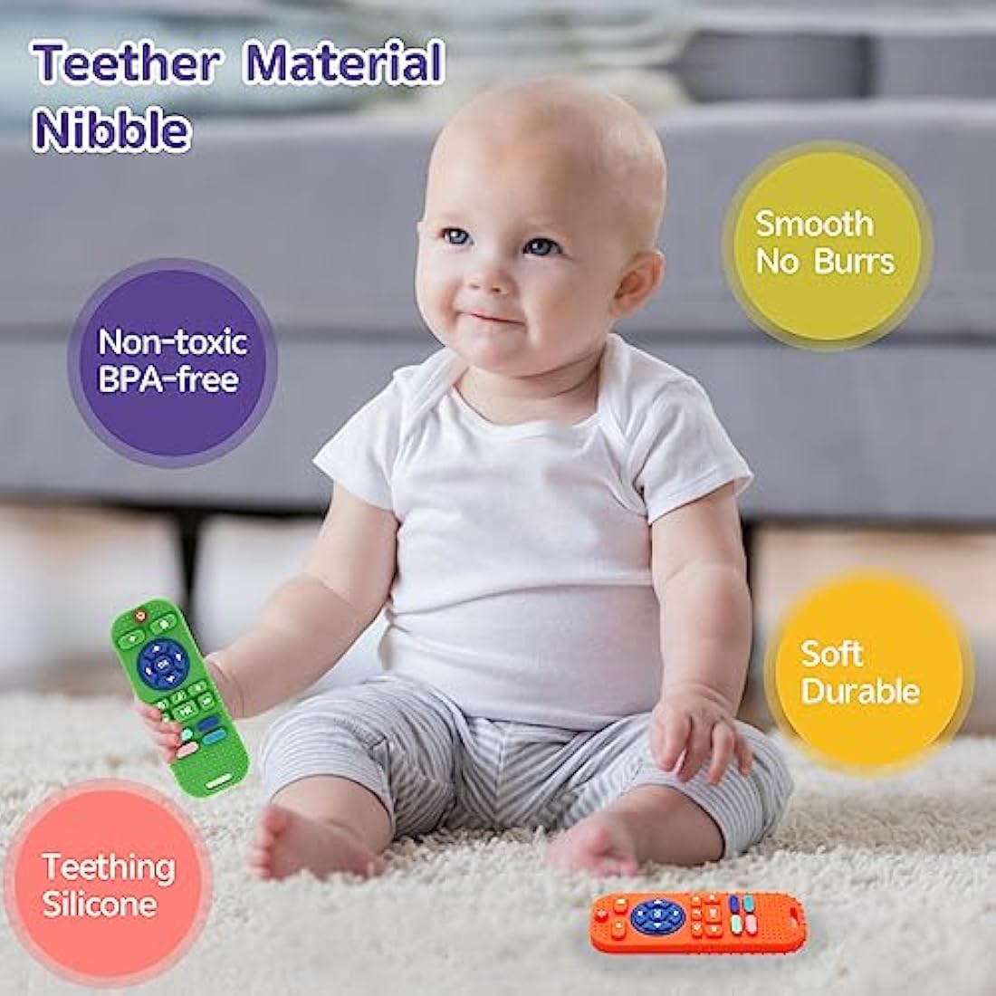 Hooku 2 Pack Silicone Teething Toys for Babies 0-6 Months, Teethers 6-12, Remote Teether Baby, Sensory, Chew, Toddler Infant Newborn Gifts, Green-Orange