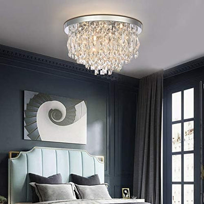 A1A9 Modern Crystal Chandeliers Ceiling Lights, Clear K9 Crystal Chrome Flush Mount Lights, Elegant Round LED Pendant Lamp for Living Room, Dining Room, Bedroom, Lounge Diameter 40cm