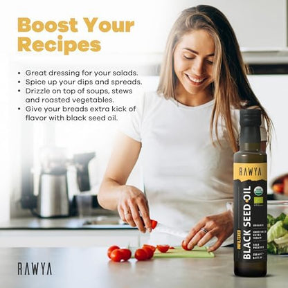 RAWYA Organic Black Seed Oil - Unfiltered - Full Spectrum- Cold Pressed - Turkish Origin - Black Cumin - Kalonji - Nigella Sativa Supplement with Omega 3, 6, 9 - Skin Condition & Hair Growth - 250 ml