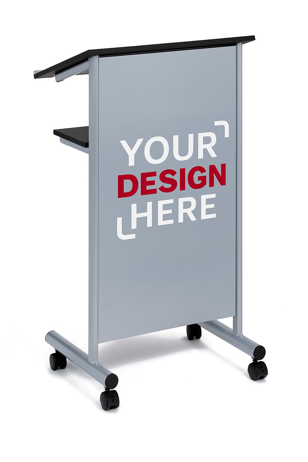 Audio-Visual Direct Wheeled Lectern with Storage Shelf - Silver/Black - Compact Standing Desk for Reading - LapTop Stand