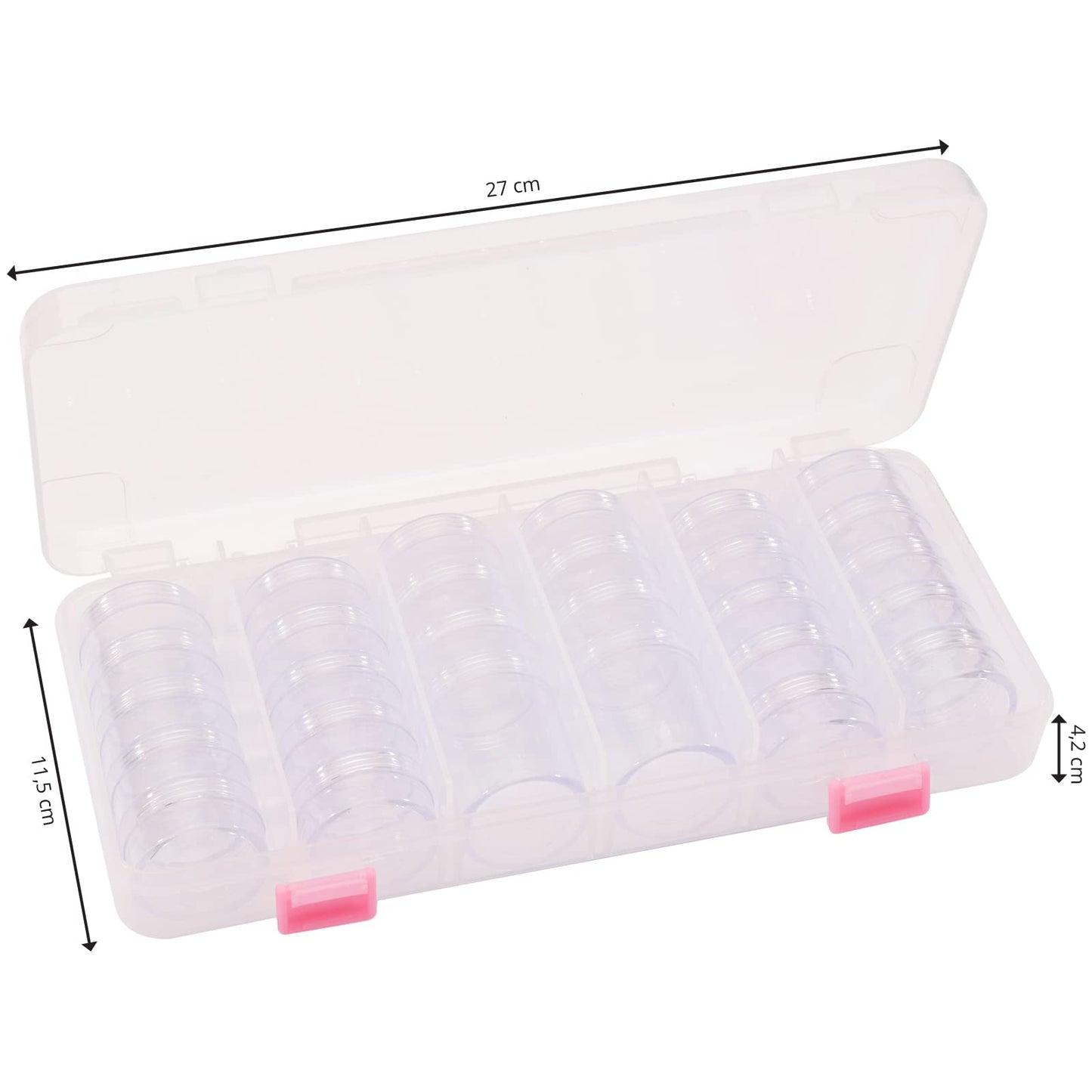 Vaessen Creative Storage Box with 6 Compartments and 28 Round Jars, Transparent Organiser Case for Storing Diamond Painting Drills, Beads, Glitter