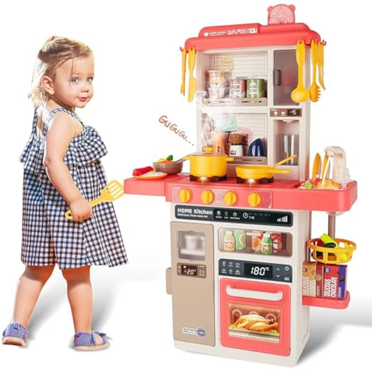 deAO Kitchen Playset Toy with Realistic Lights & Sounds, Kids Play Kitchen Set with Simulation of Spray Features, Pretend Role Play Toys with Lots of Kitchen Accessories Gift for Toddlers (Pink)