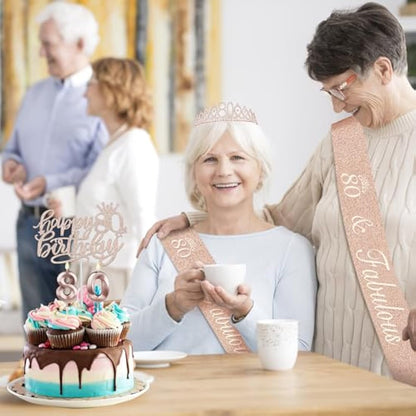 Amosking 80th Birthday Decorations for Women, Including 80th Birthday Sash and Tiara, Cake Topper and Candles, Rose Gold Number Balloons, 80 Year Old Gifts for Women