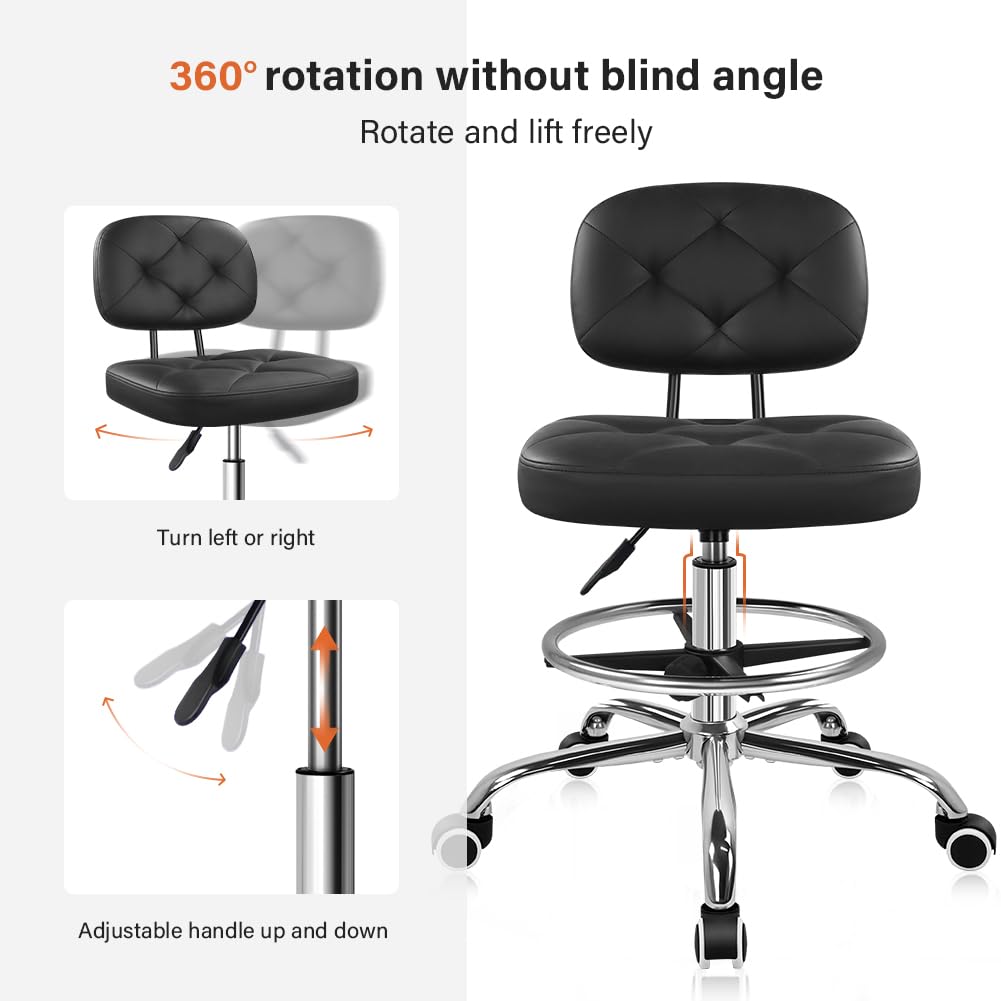 KKTONER Drafting Chair with Backrest Rolling Stool with Wheels Adjustable Footrest Swivel Chair Height Adjustable Office Chair for Shop Counter