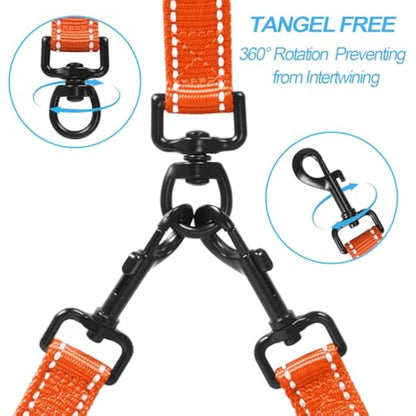 PetBonus Double Dog Leash, No Tangle Dual Leash, Reflective Walking Training Lead, 4 Comfortable Padded Handles for 2 Dogs with Collapsible Bowl and Waste Bags (Orange, Large)