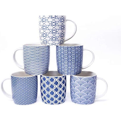 MACHUMA Set of 6 Coffee Mugs 340 ML/11.5 oz with Blue and White Geometric Patterns, Ceramic Tea Cup Set 6 Pack