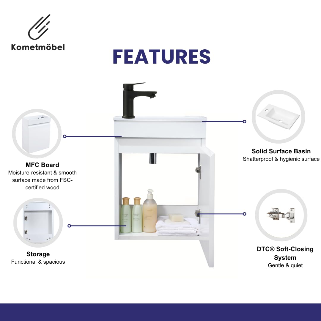 Kometmöbel 400mm Wall Hung Cloakroom Vanity Unit with Basin - Compact Slimline Bathroom Storage Cabinet Pre-Assembled White 40cm, Excl. Waste & Tap