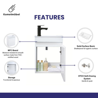 Kometmöbel 400mm Wall Hung Cloakroom Vanity Unit with Basin - Compact Slimline Bathroom Storage Cabinet Pre-Assembled White 40cm, Excl. Waste & Tap