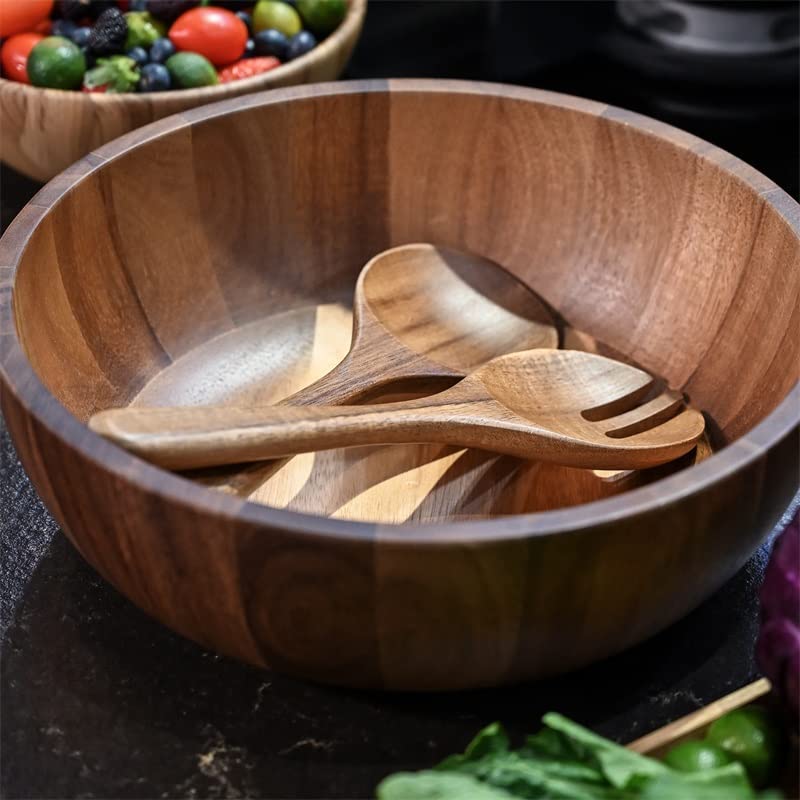 BF BILL.F SINCE 1983 Acacia Wood Salad Bowl Set, Wooden Server for Fruit & Salad - Family-Sized, 30cm Large, 3Pcs- Natural, Durable, and Stylish
