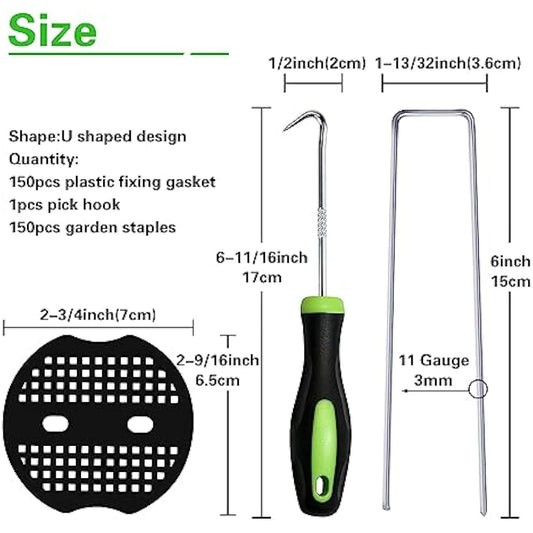 Bakulyor 150 Weed Control Membrane Pegs + 150 Buffer Washer, 6"/150mm Metal Garden Landscape Staples, Artificial Grass Pins, Ground Cover Mossing Fabric Barrier Accessories