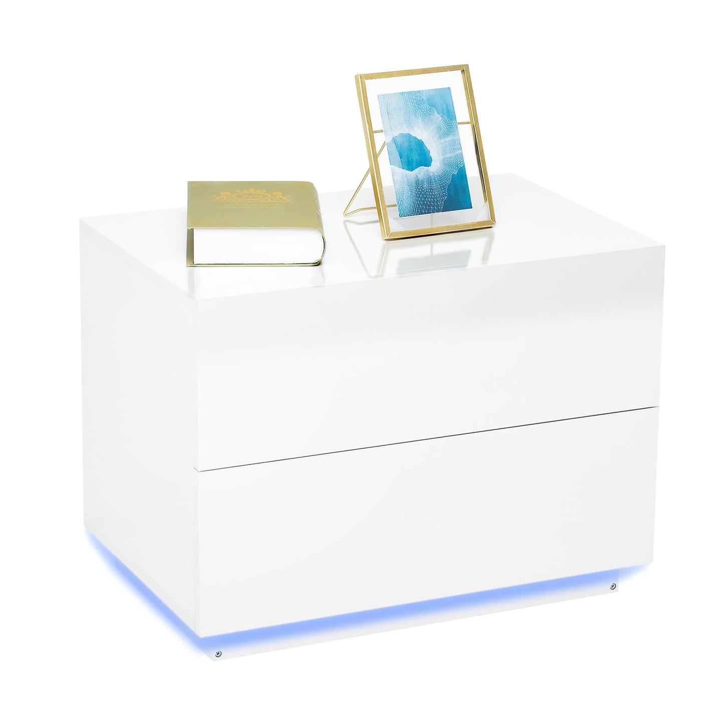 Meerveil Bedside Table, LED Bedside Cabinet with 2 Drawers High Gloss with USB Light 60x39x45cm for Bedroom Living Room, White