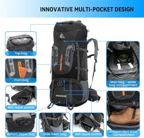 Bseash 80L Waterproof Hiking Camping Backpack with Rain Cover, Large Capacity Outdoor Sport Travel Daypack Rucksack for Climbing Skiing