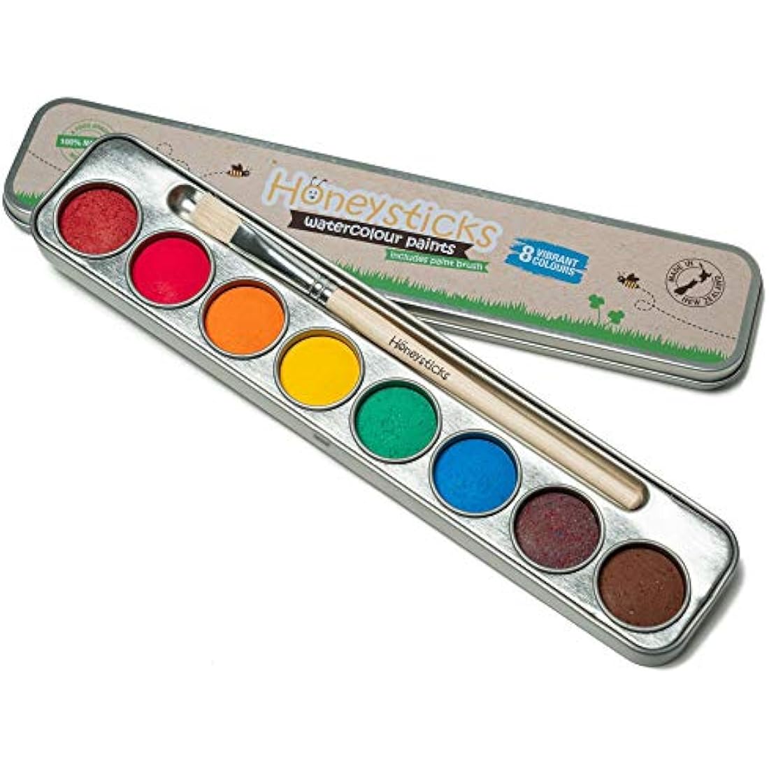 Honeysticks Non Toxic Watercolour Paint Set for Kids and Toddlers - 8 Vibrant and Long Lasting Colours with Brush - Natural and Food Grade Ingredients - Child Safe Art Supplies - Great Gift Idea